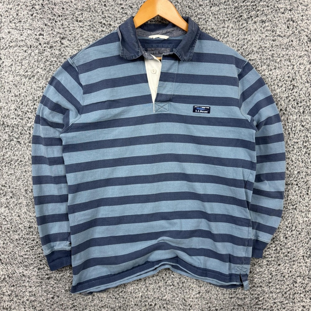 LL Bean Rugby Shirt Mens Medium Blue Stripe Long Sleeve Cotton Traditional Fit